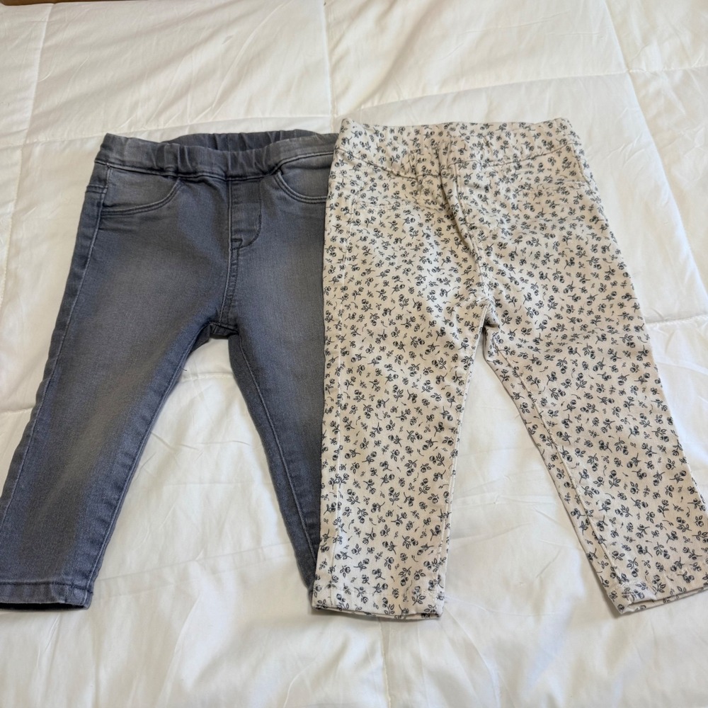 NEW - H&M Baby Girl 2pk Pants Grey Denim Look Cream Floral Rose Print Size 6-9M